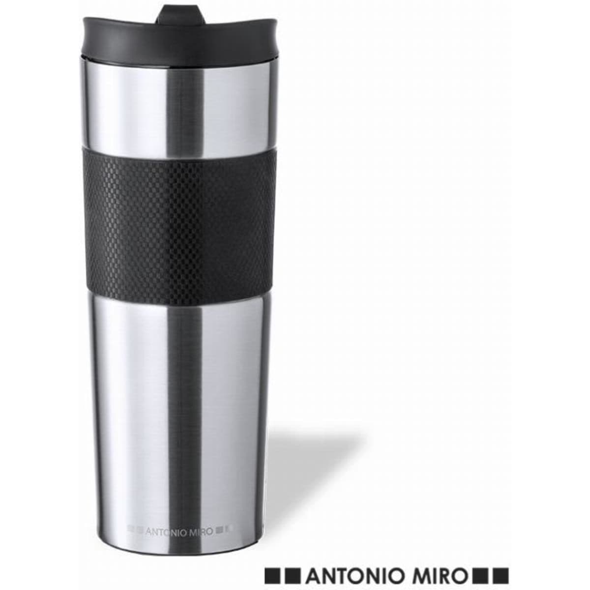 A drink bottle with a stainless steel body, black silicone grip, and a black lid. It features a logo.