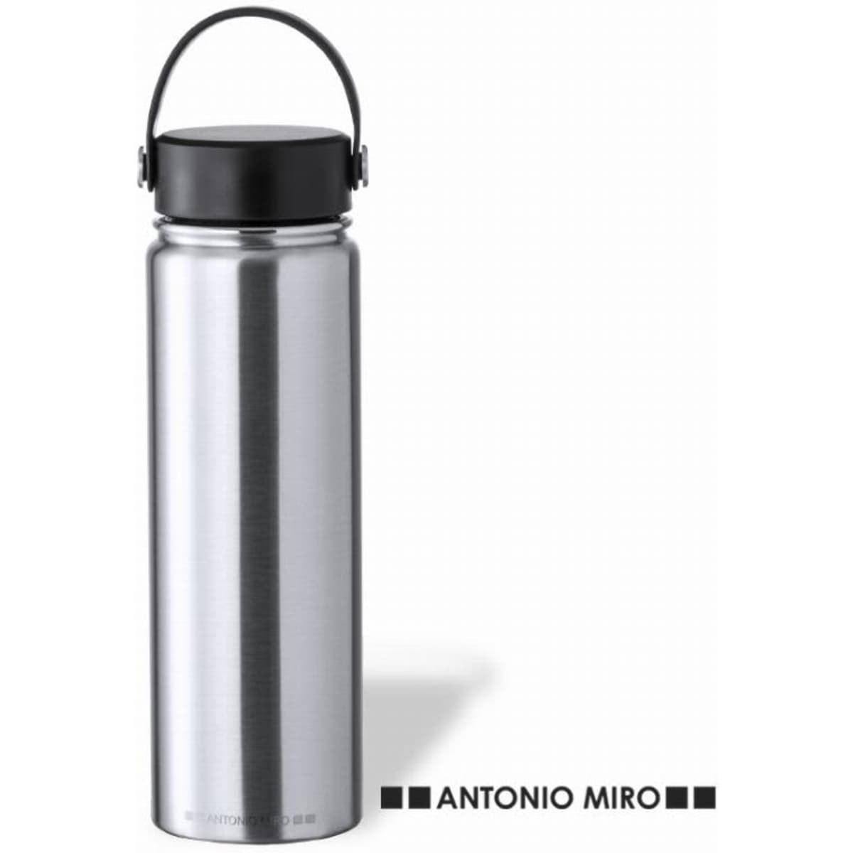 A drink bottle with a sleek silver finish and a black lid, featuring a carrying handle and a logo.