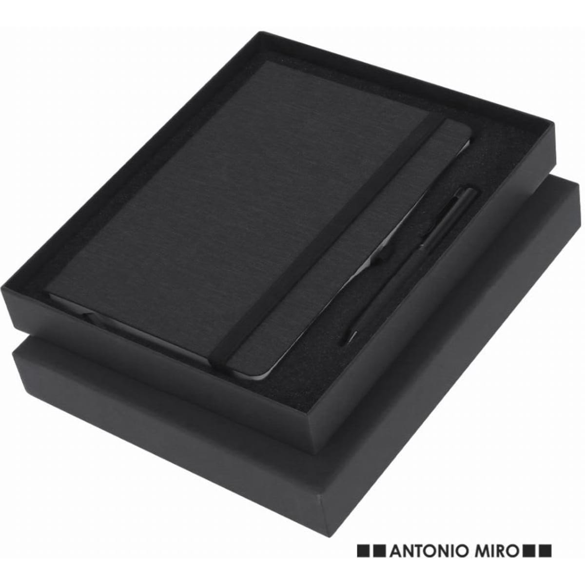 A black notebook and pen set in a black gift box, featuring a subtle logo on the packaging.