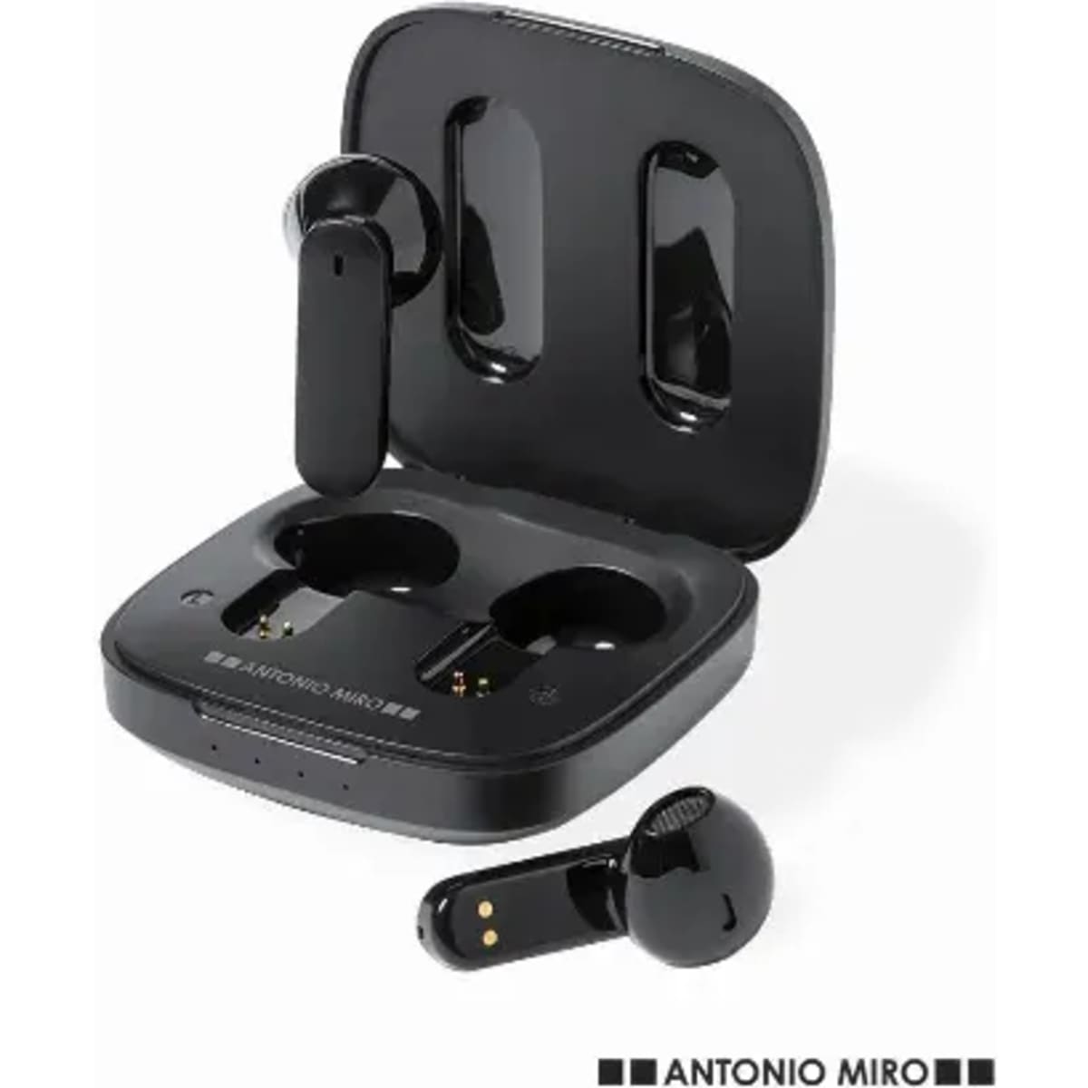 Wireless earbuds in a black charging case, featuring a sleek design and a logo on the case.