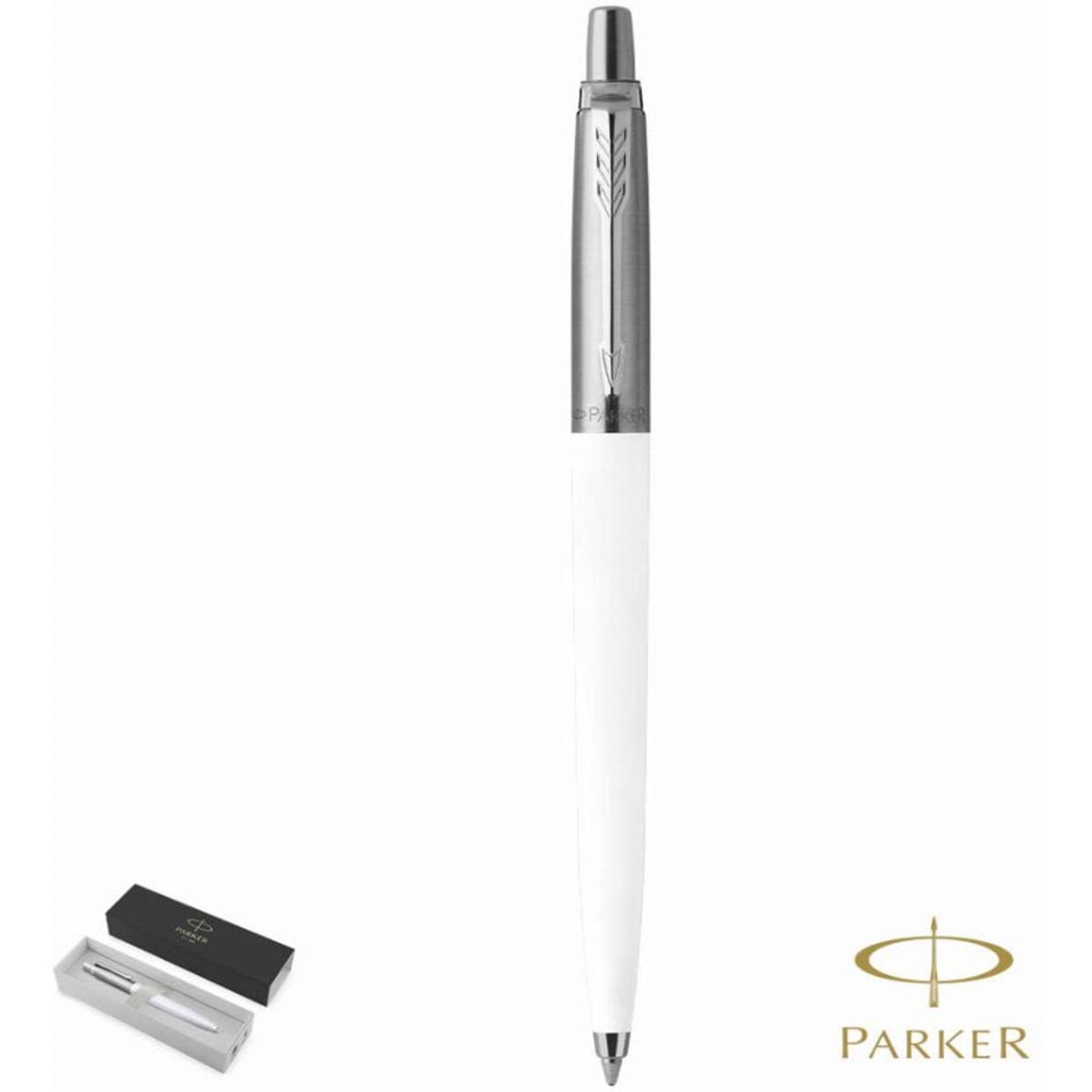 A white pen with a silver clip, presented in a black box with a logo.