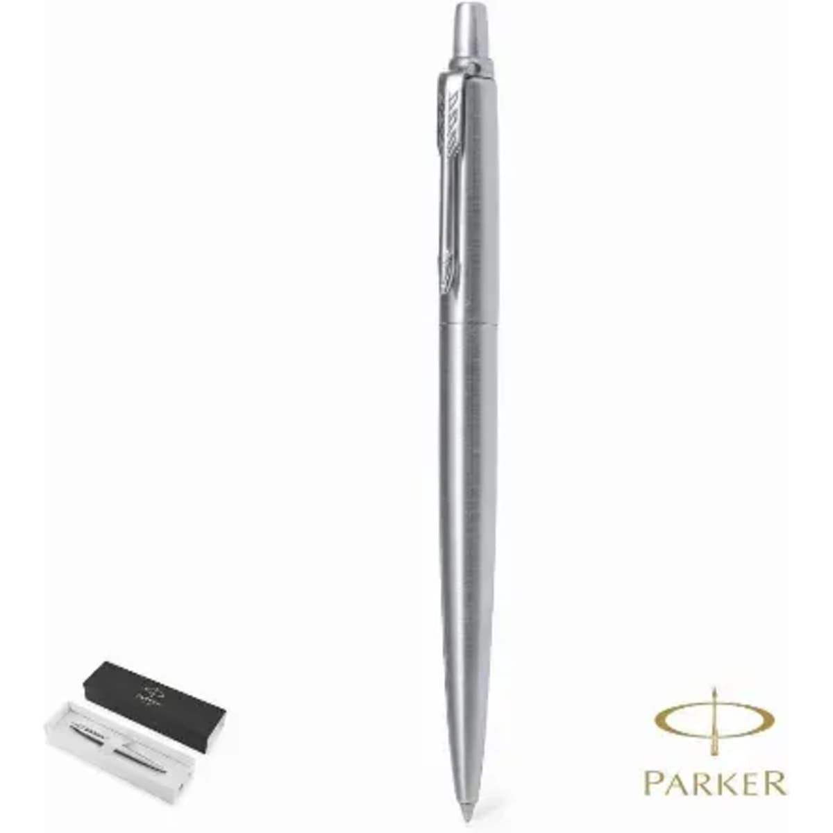 A silver pen with a sleek design, displayed next to its packaging and featuring a logo.