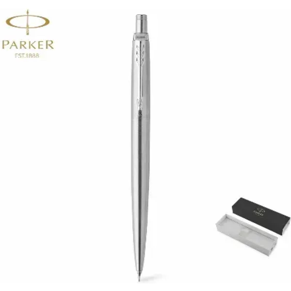 A sleek silver pen with a shiny finish, accompanied by a black presentation box featuring a logo.