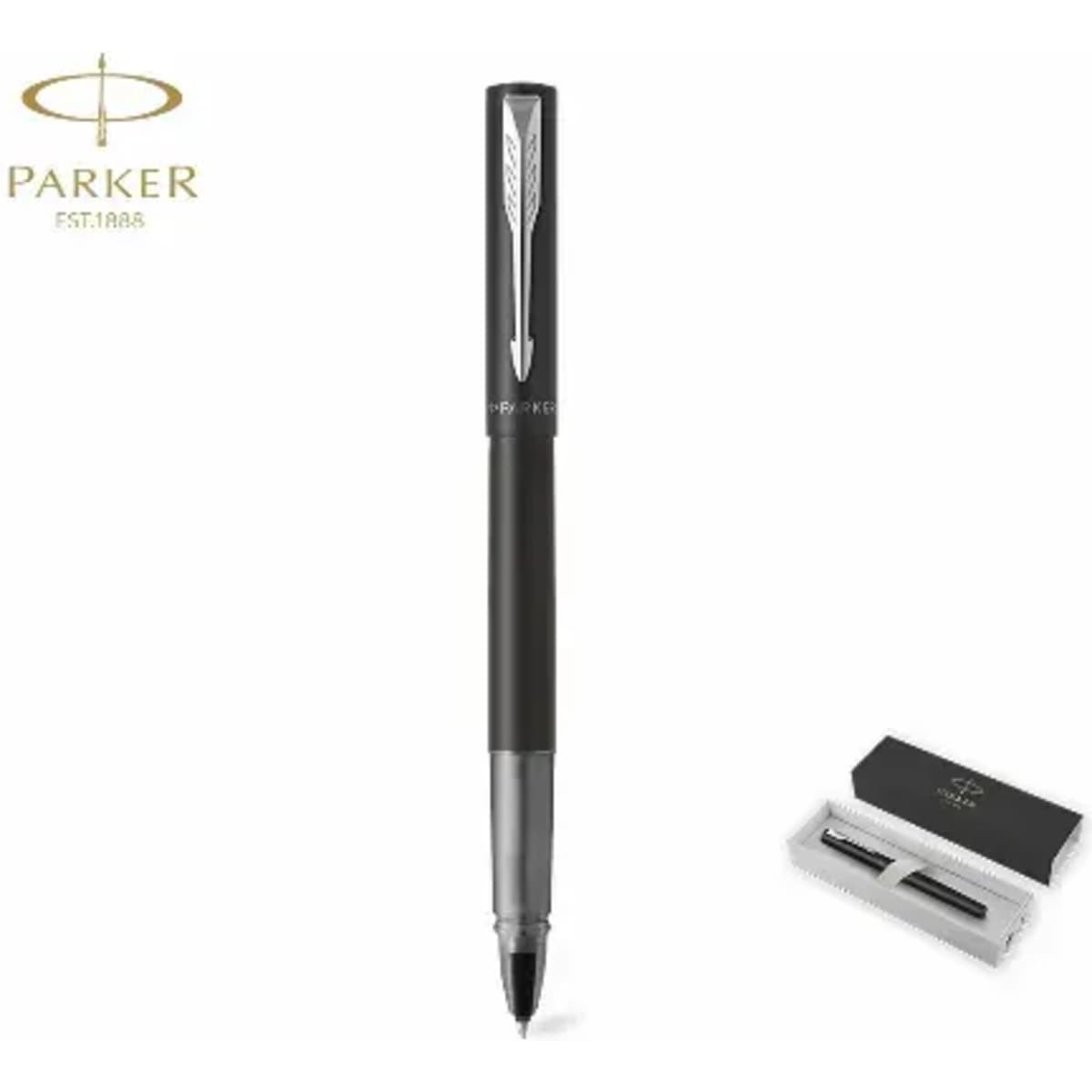 A black pen with a pointed tip, displayed alongside a sleek gift box, featuring a logo.