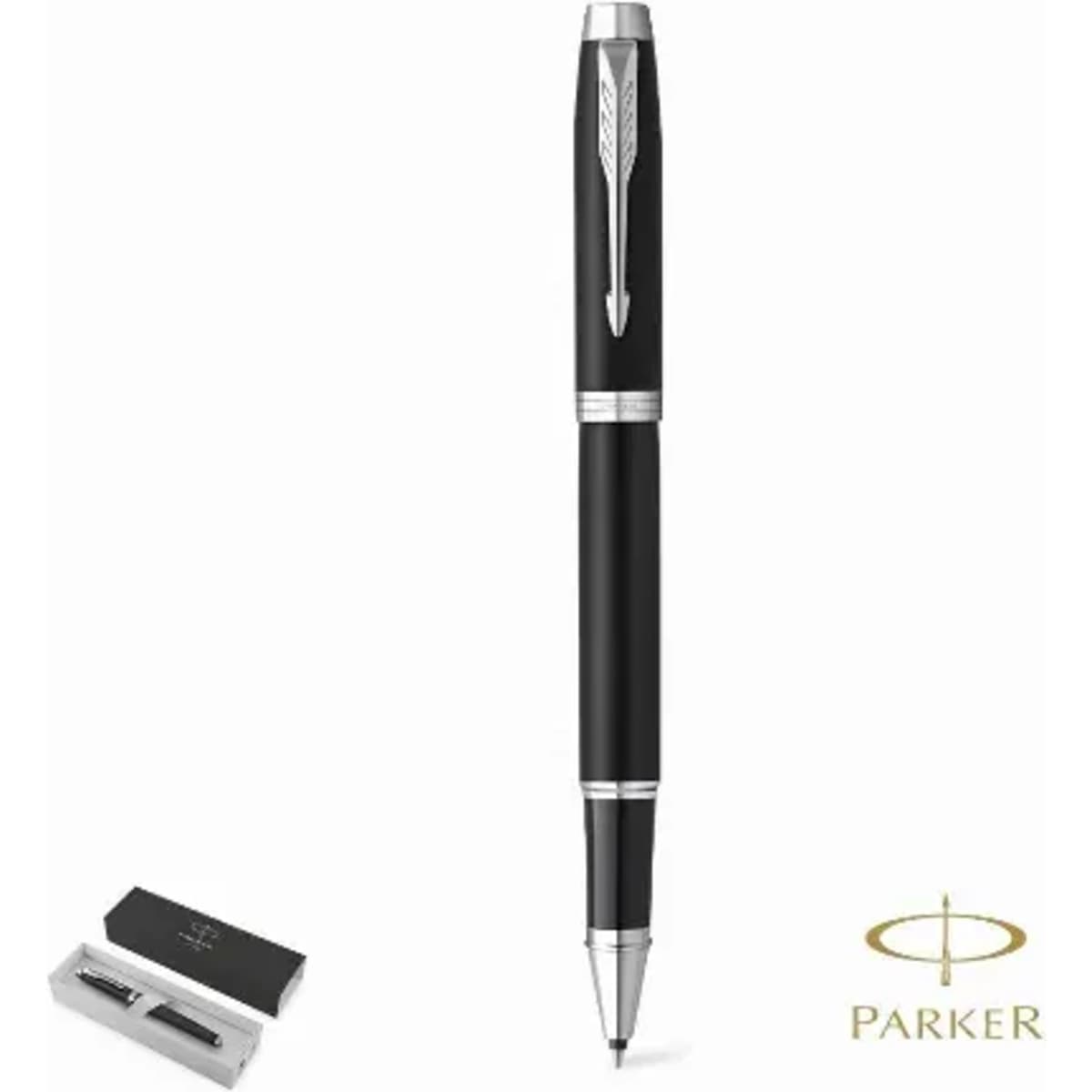 A black pen with silver accents, presented alongside a black box. The item features branding.