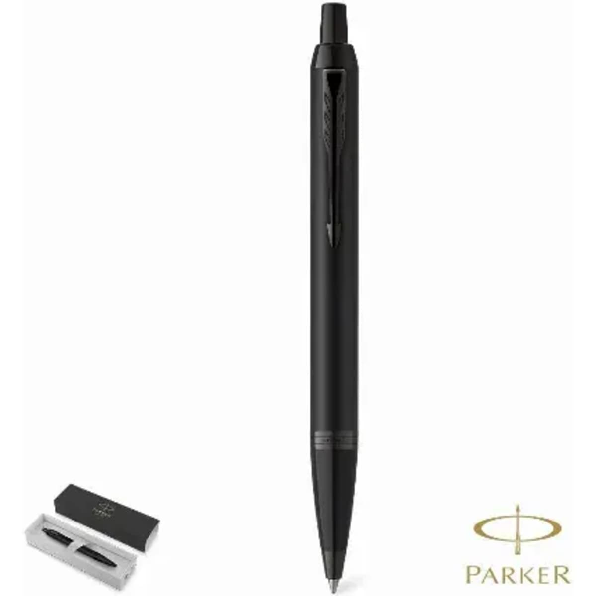 A black pen with a sleek design, accompanied by a white pen refill, featuring a logo.