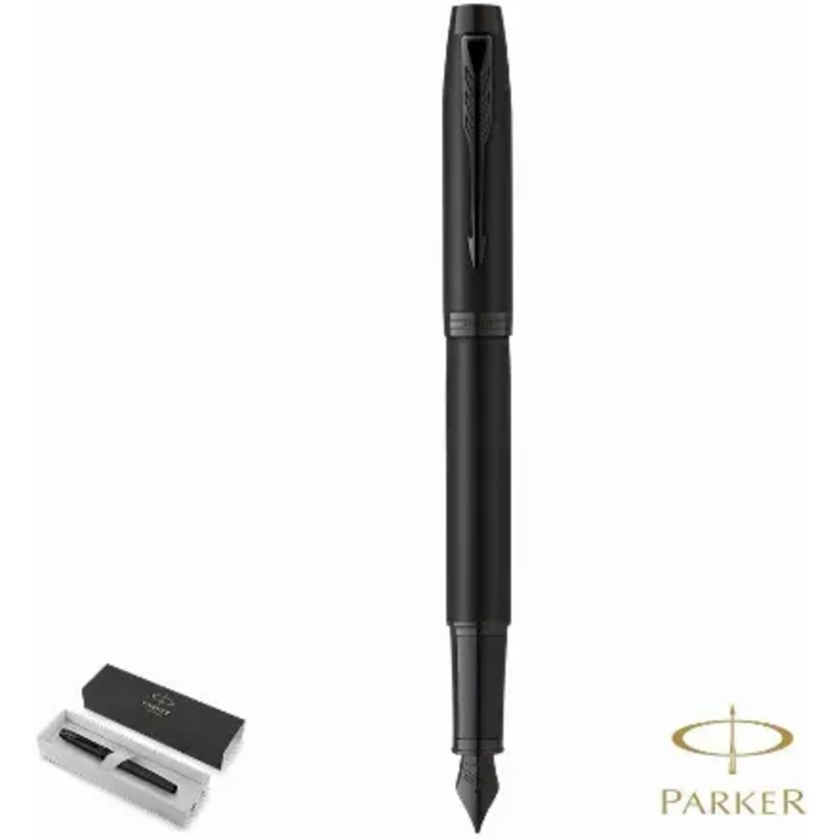 A black fountain pen with a sleek design, accompanied by a presentation box. There's a logo on the pen.