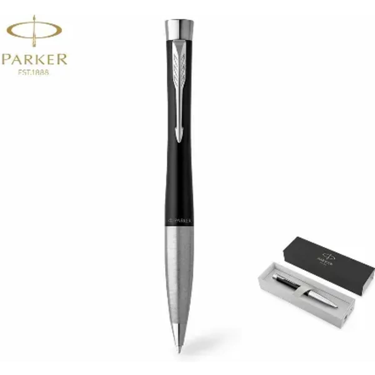 A pen with a sleek black body and silver accents, displayed next to its matching box. The pen features a logo.