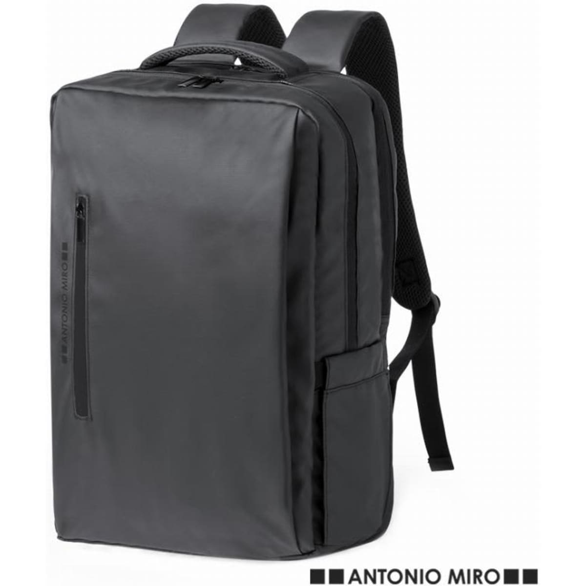A sleek black backpack with a zippered pocket and padded straps, featuring a minimalistic design and a logo.
