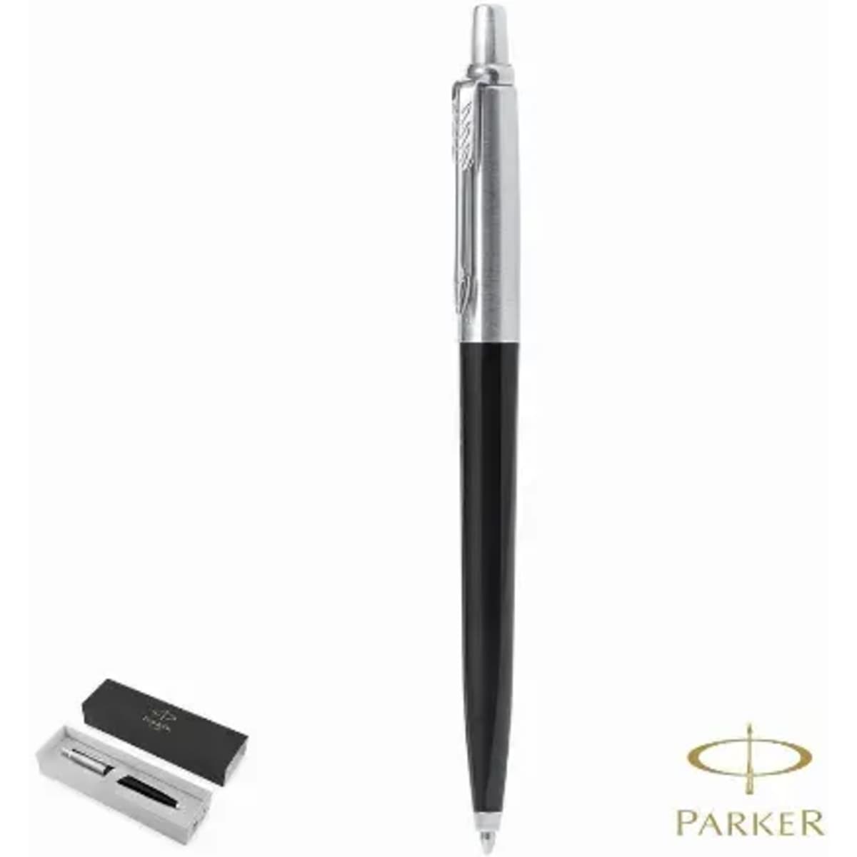 A black and silver pen with a logo, positioned next to a small box.
