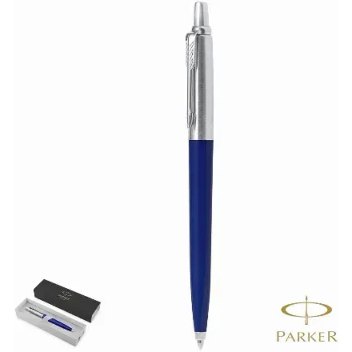 A blue and silver pen presented in a sleek box, featuring a branding logo.