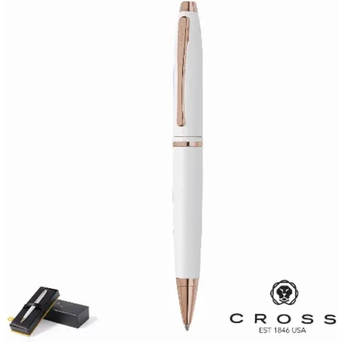 A pen in white with rose gold accents, accompanied by a black packaging box and featuring a logo.