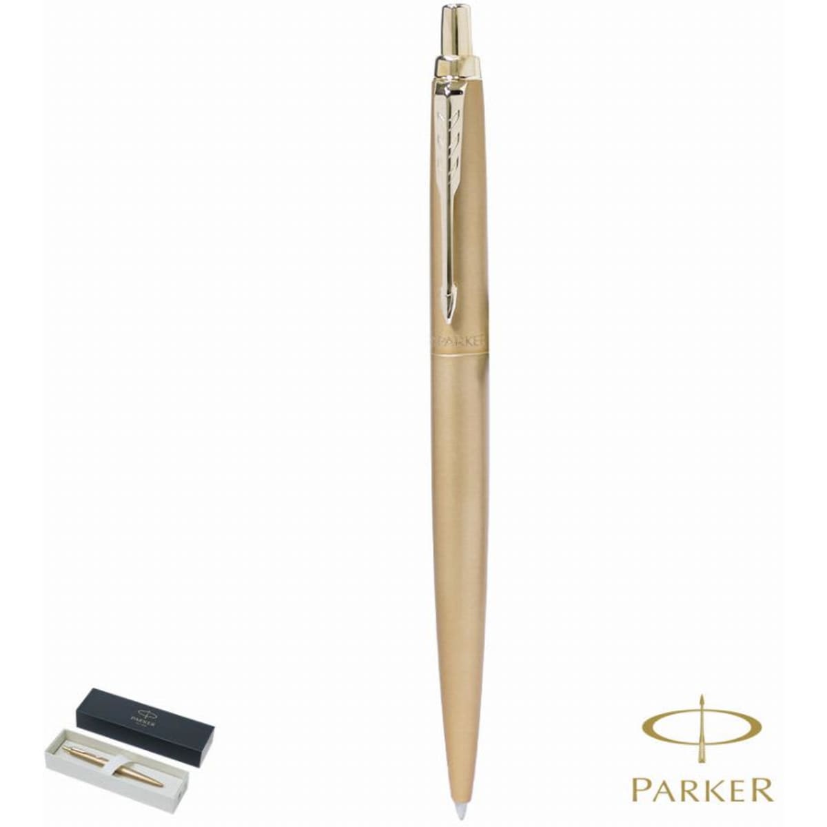 A gold pen displayed upright, accompanied by a presentation box and a logo. The pen has a sleek, metallic finish.