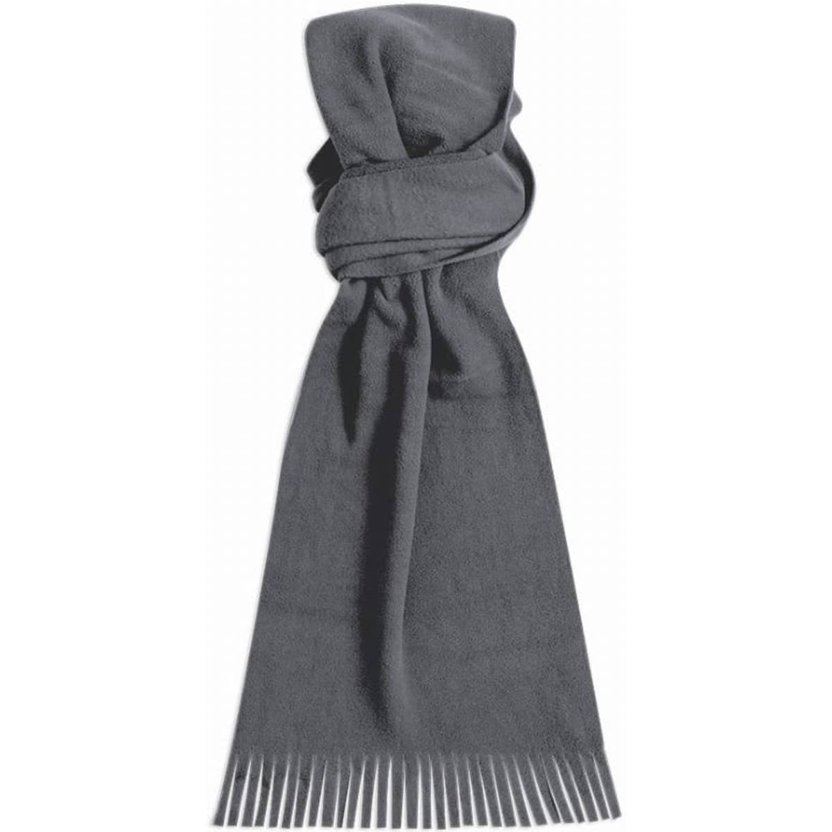 A grey scarf with a textured finish and fringed ends, featuring a soft, luxurious appearance.