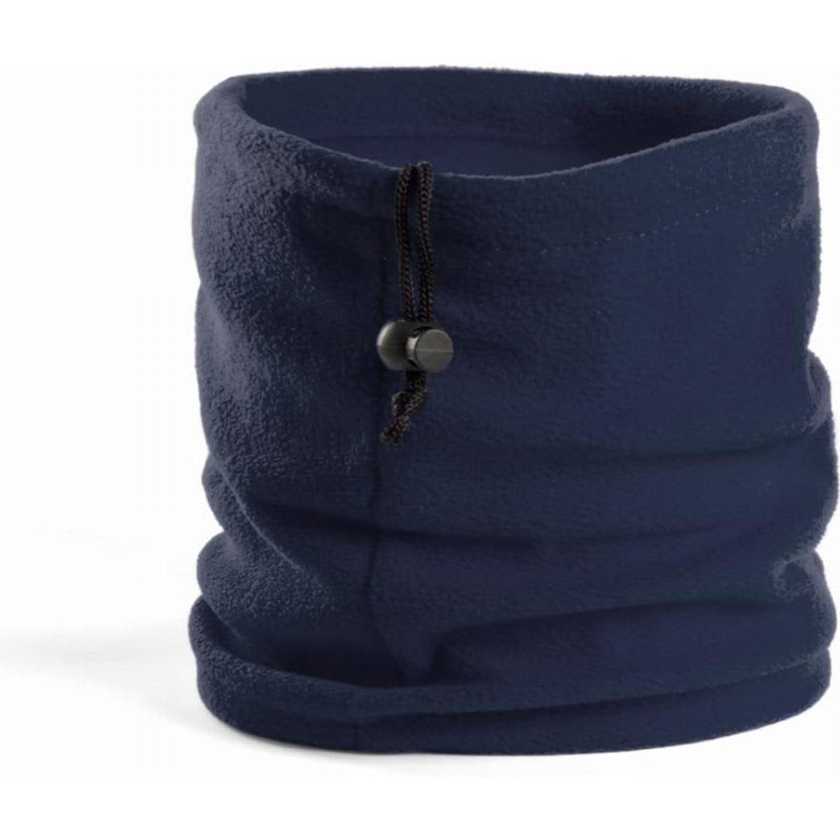 A navy blue fleece neck warmer with a drawstring for adjustment, featuring a soft and cosy texture.