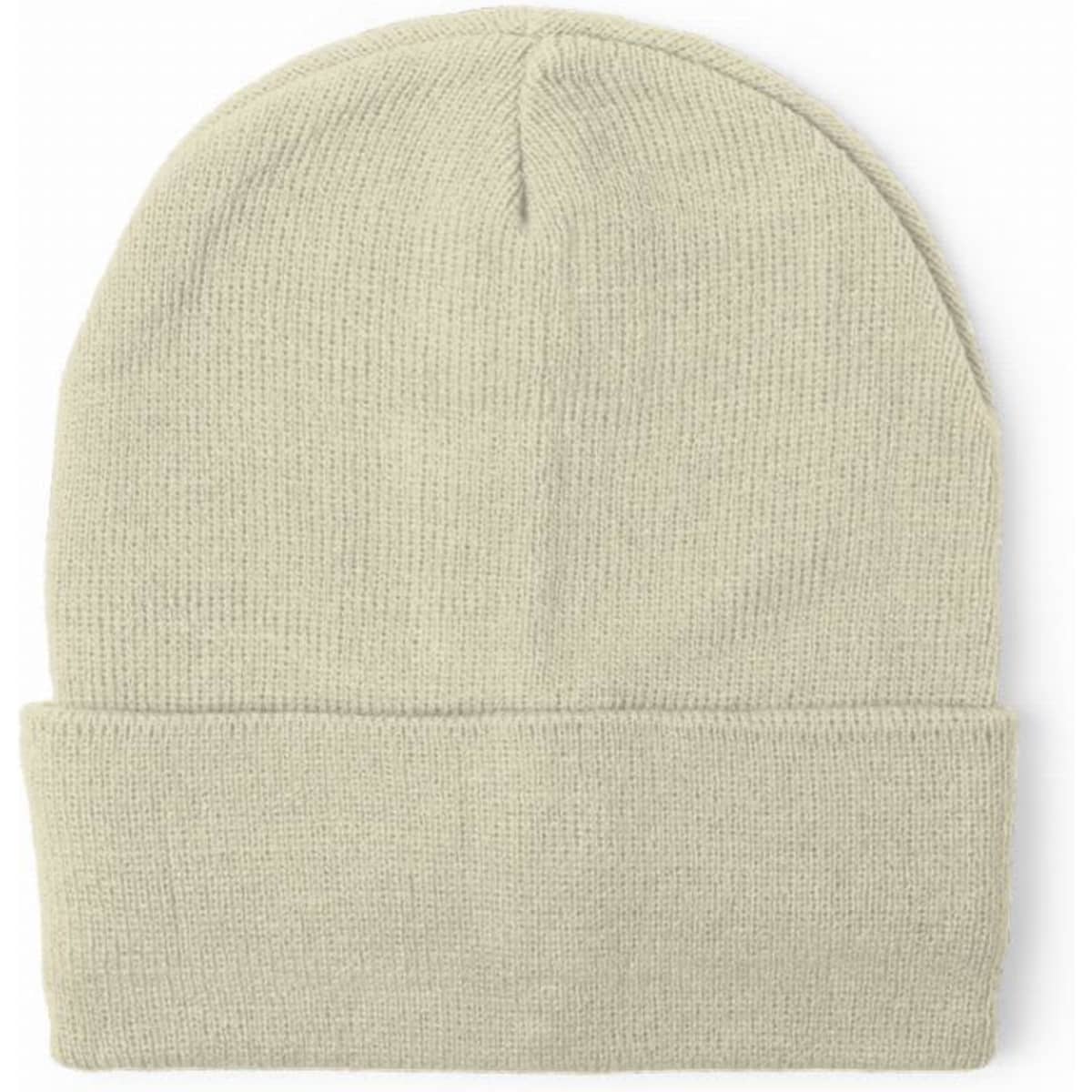 A light beige beanie hat with a rolled cuff, made from a soft, knitted material.