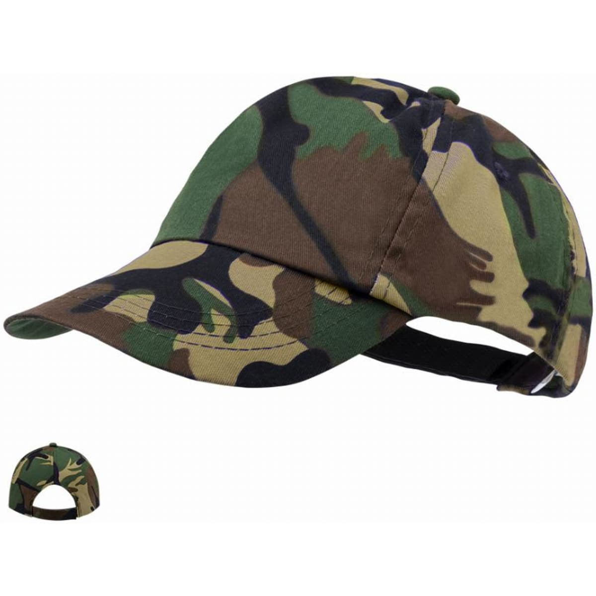 A cap featuring a green and brown camouflage pattern, with an adjustable strap at the back and a logo.