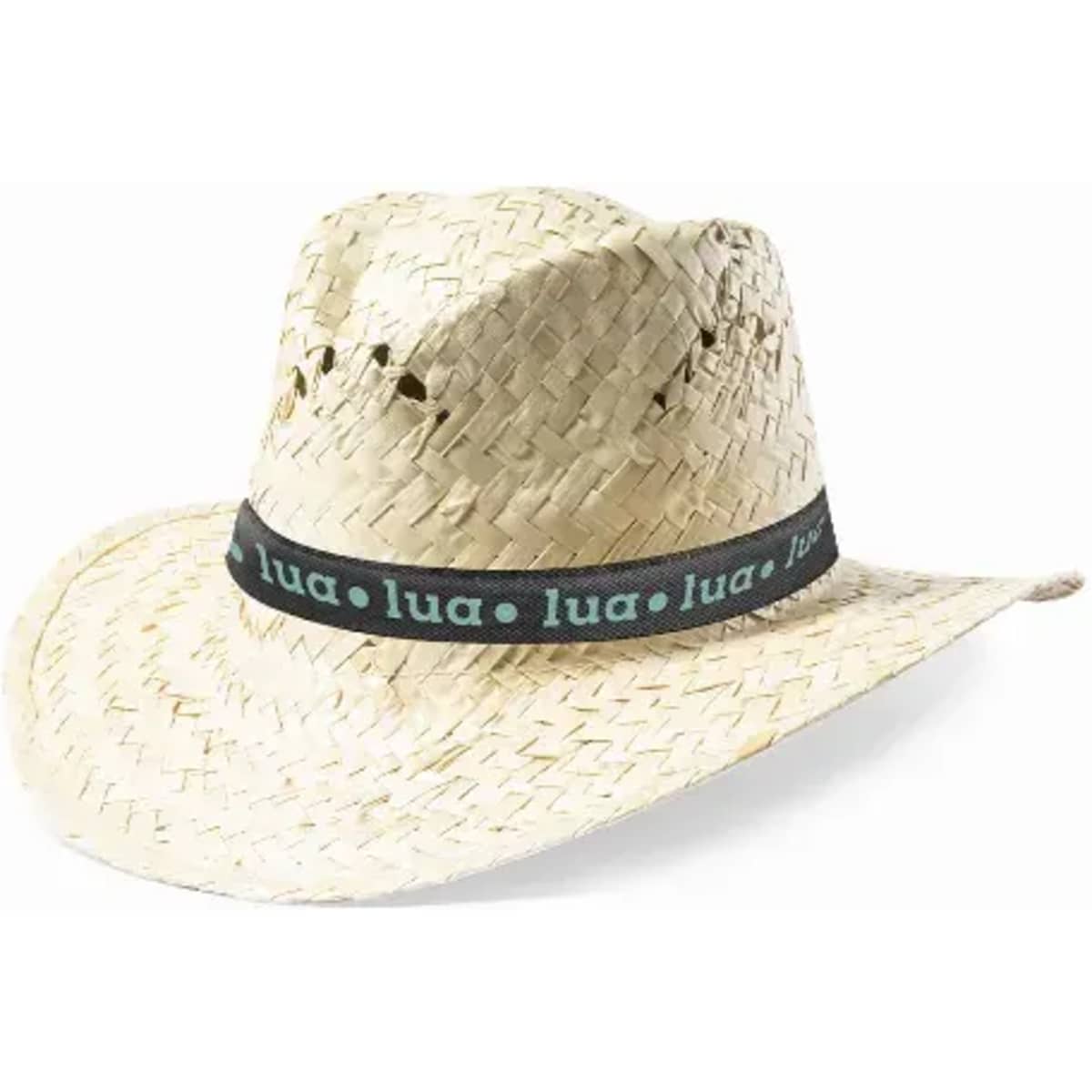 A straw hat with a wide brim and a dark band featuring a logo. The hat is light beige in colour.