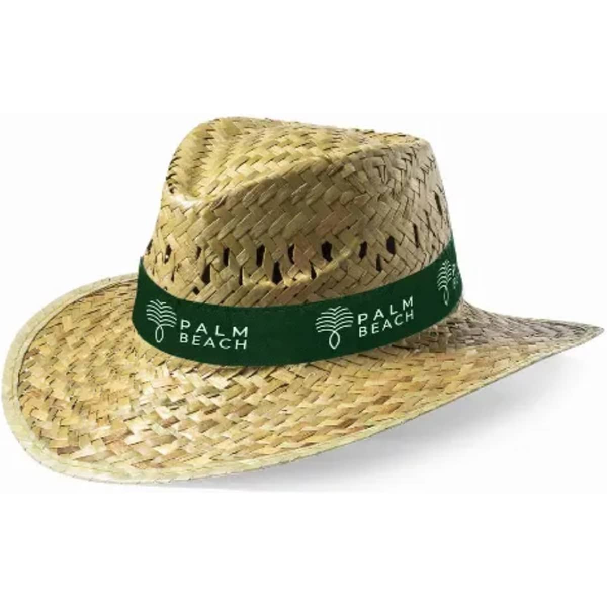 A straw hat featuring a wide brim and a green band with a logo, showcasing a natural, woven texture.
