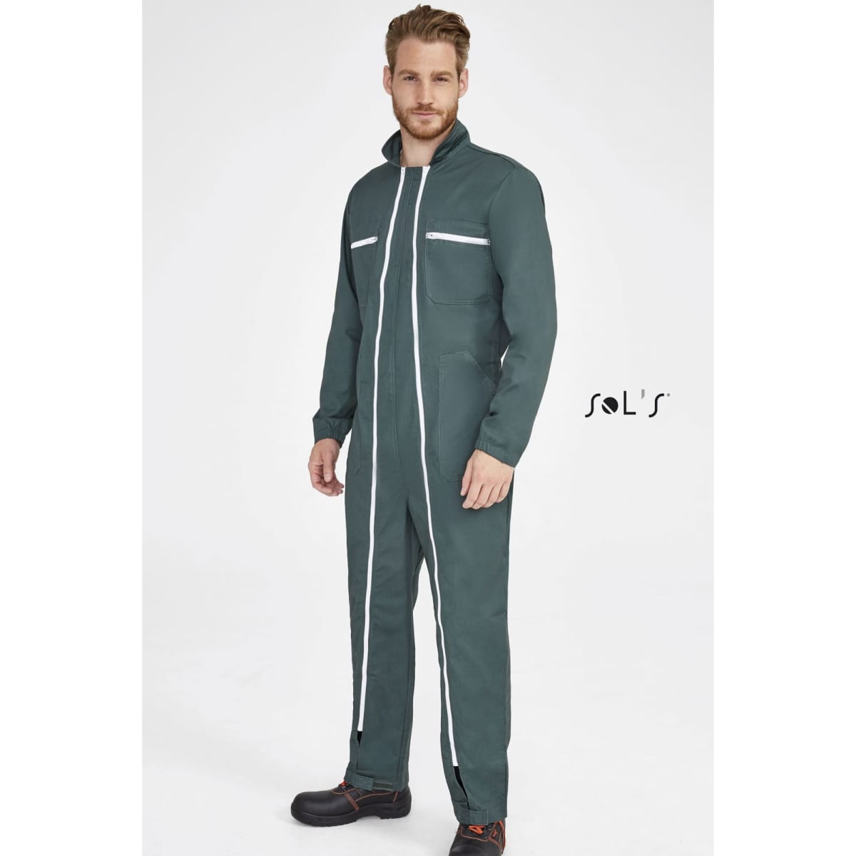 A green men's overall with double zip, multiple pockets, and a logo, featuring a fitted design.
