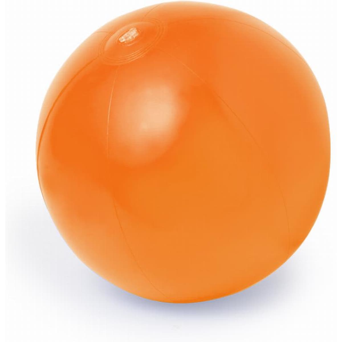 An orange beach ball with a smooth surface, featuring a small valve for inflation.