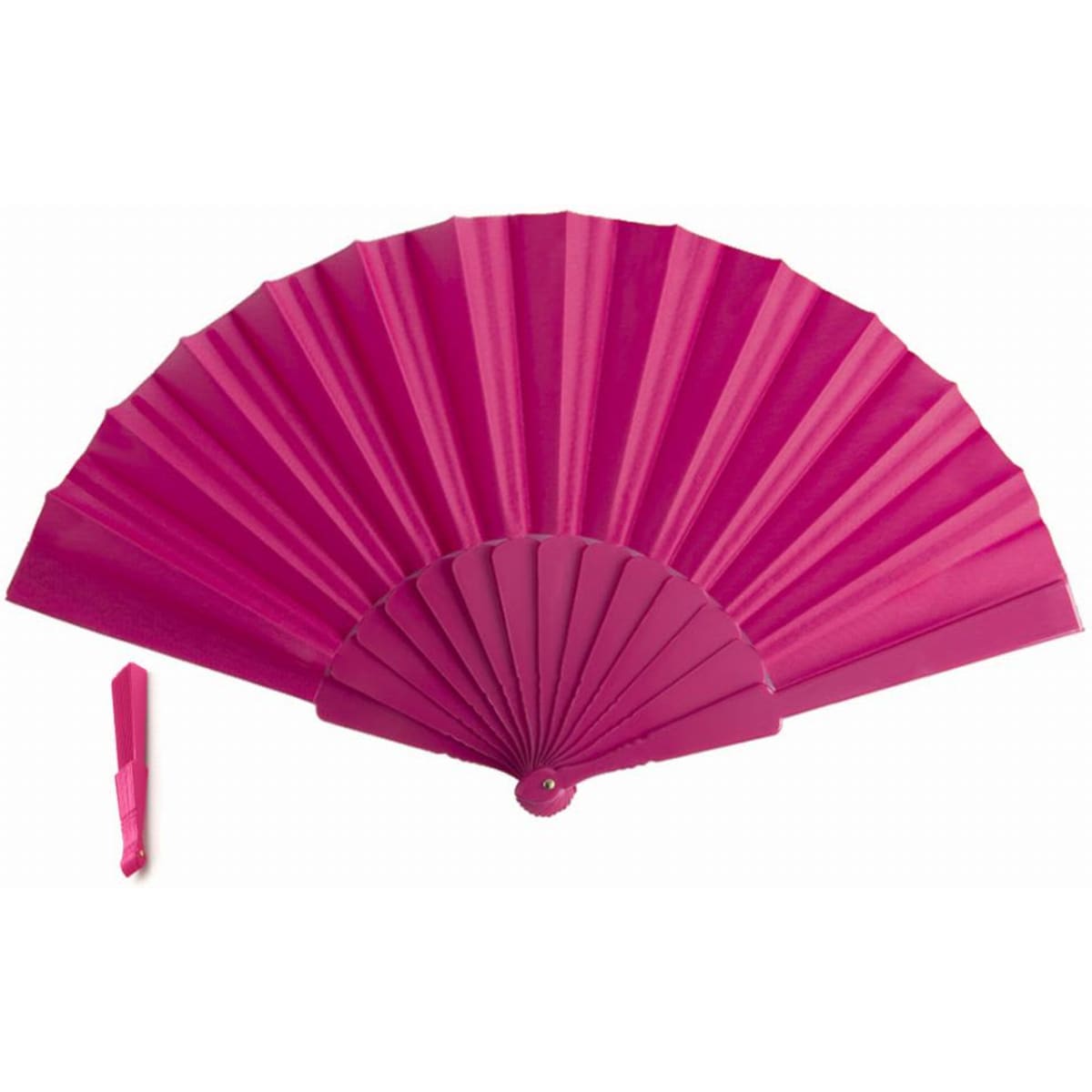 A pink folding fan with a matching handle beside it, featuring a classic pleated design.