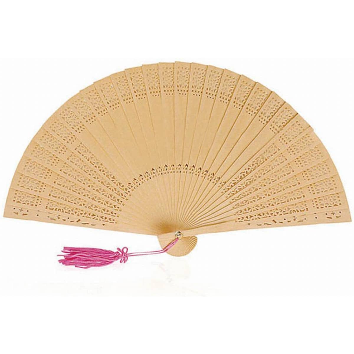 A decorative handheld fan in light wood with intricate cut-out designs and a pink tassel.