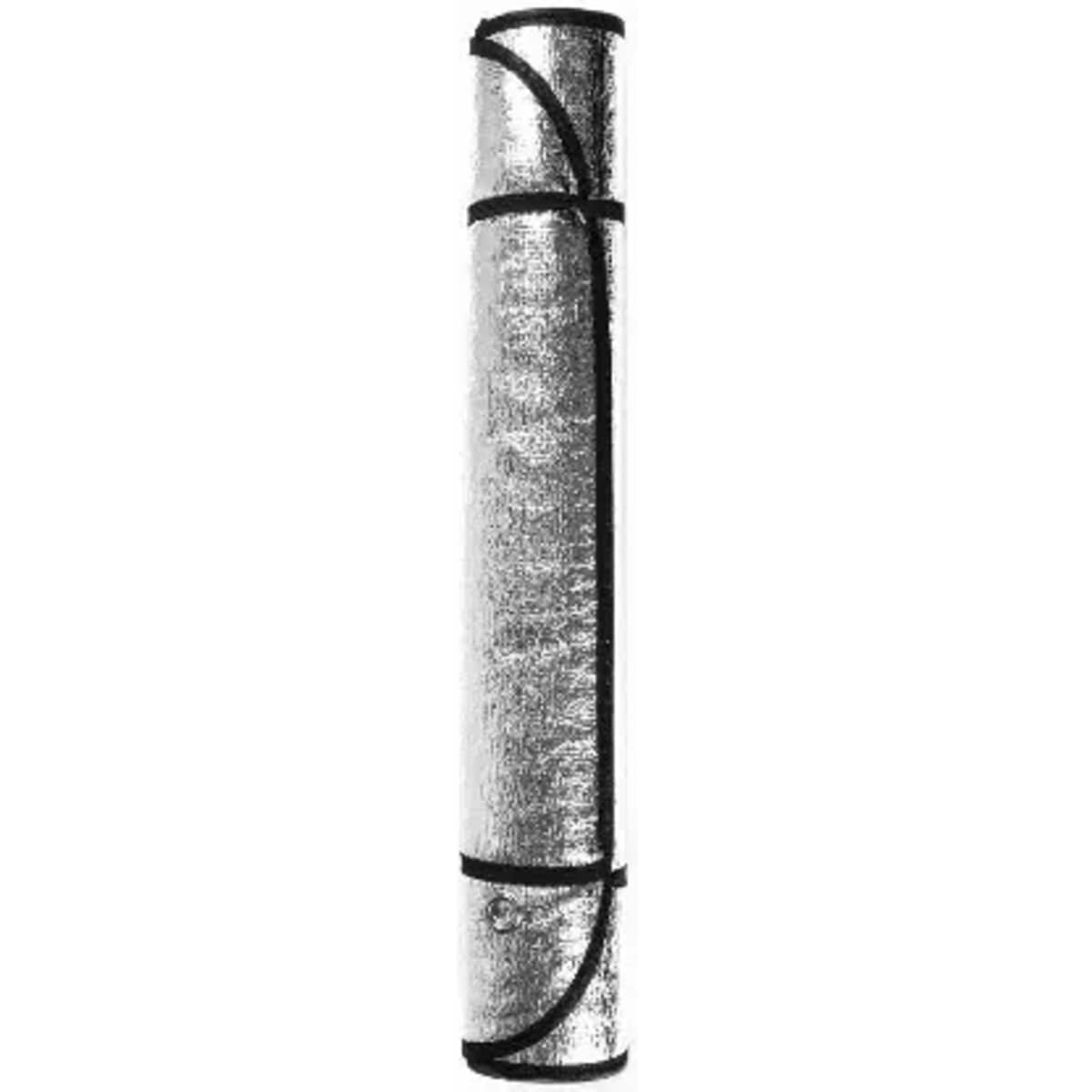 A rolled silver yoga mat with black straps for storage, featuring a metallic finish.