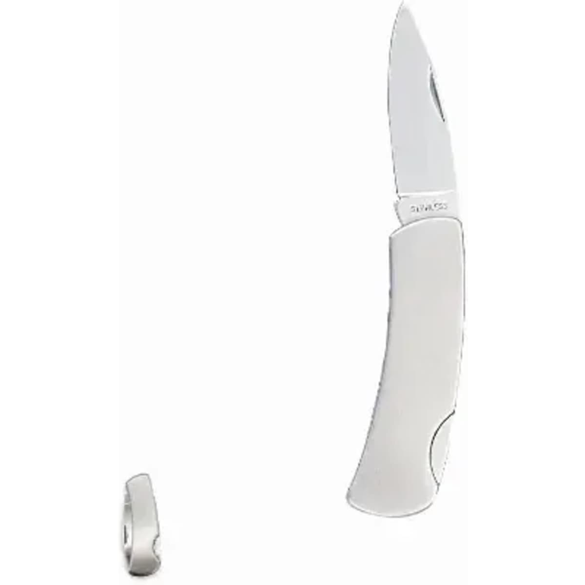 A folding knife with a silver blade and a sleek silver handle, featuring a simple design and minimal branding.