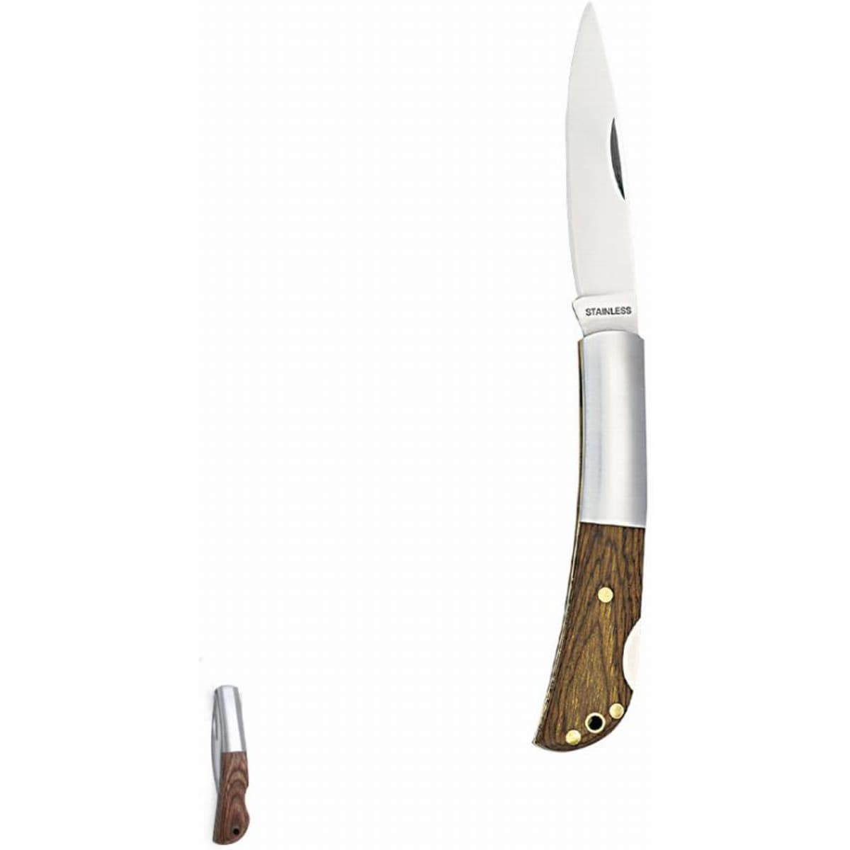 A folding knife with a stainless steel blade and a wooden handle, featuring a silver-coloured bolster.