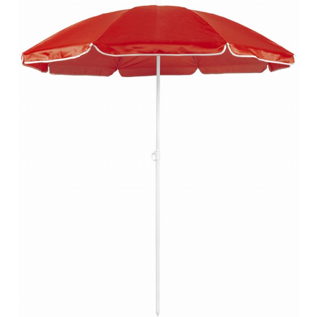 A red beach umbrella with a white pole, featuring a classic striped design.