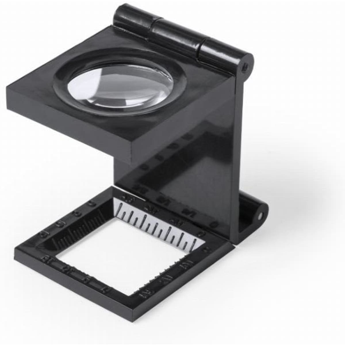 A black magnifying glass with a foldable design and a measuring scale on one side.