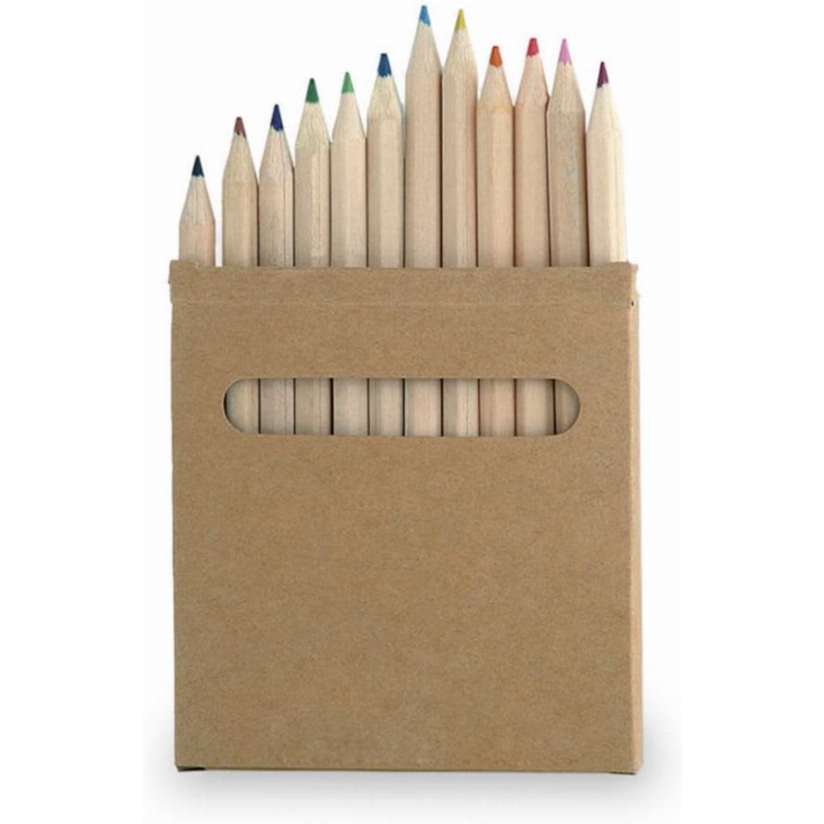 A box of coloured pencils with a variety of vibrant colours, featuring a cardboard packaging with a cut-out handle.