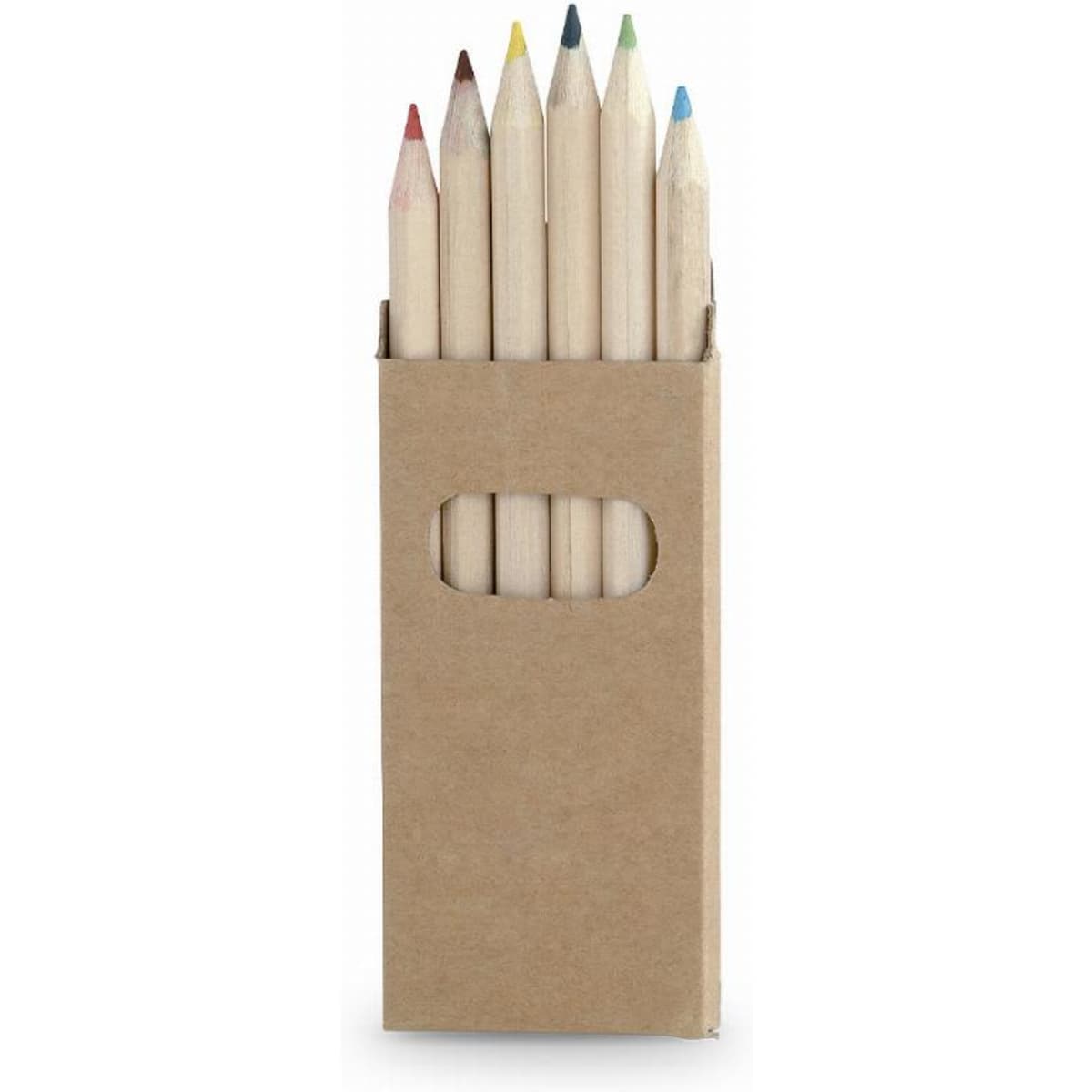 A pack of eight coloured pencils arranged in a cardboard box, featuring various vibrant colours.