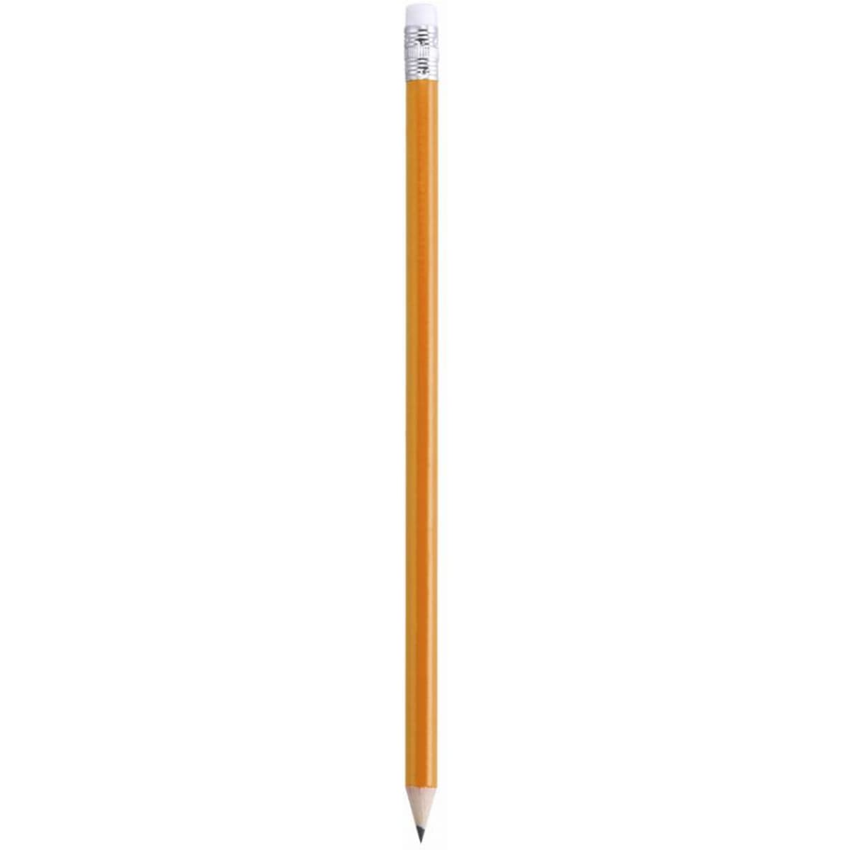 A yellow pencil with a sharpened tip and a silver eraser at the top. It has a smooth, glossy finish.