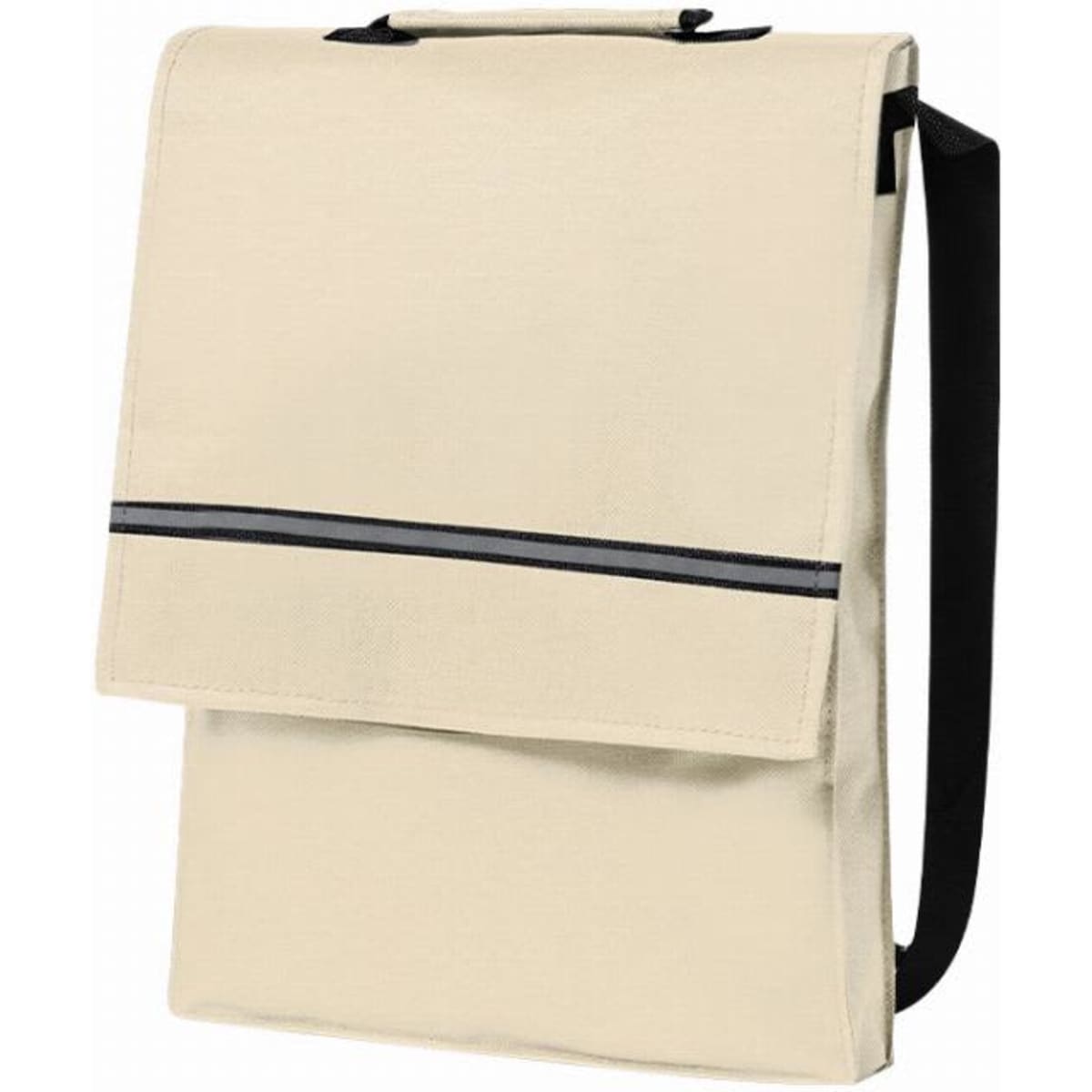 A tote bag in cream with a black stripe and a shoulder strap, featuring a fold-over flap and a simple design.