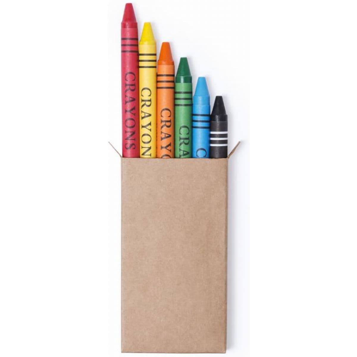 A box of crayons featuring red, orange, yellow, green, blue, and black, with a simple cardboard holder.
