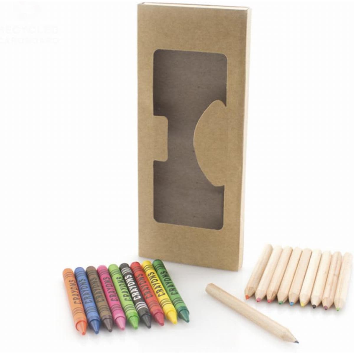 A box of coloured pencils with vibrant hues, including green, blue, orange, and purple, alongside a wooden pencil.