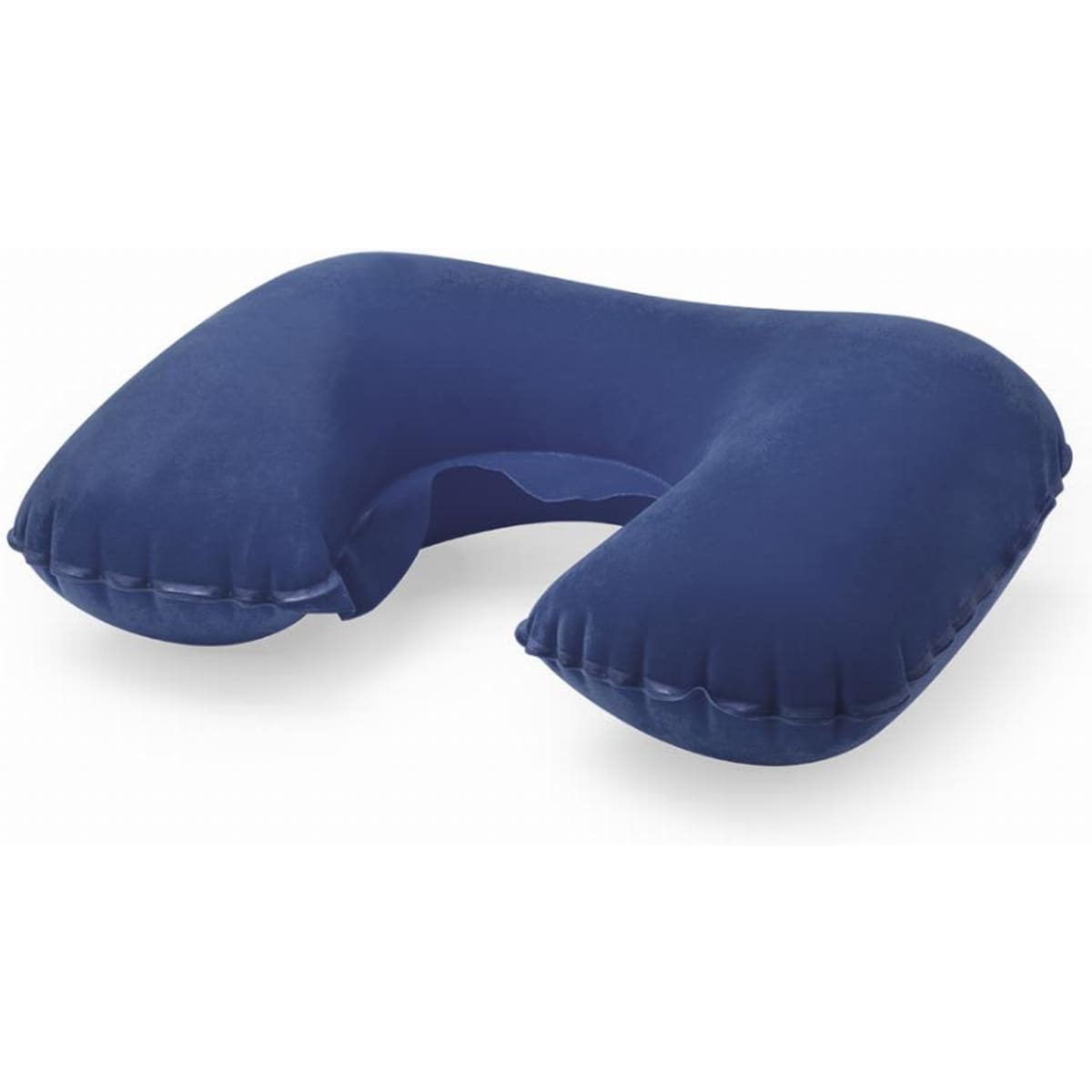 A neck pillow in navy blue, shaped to provide comfort and support during travel. It features a soft, plush surface.