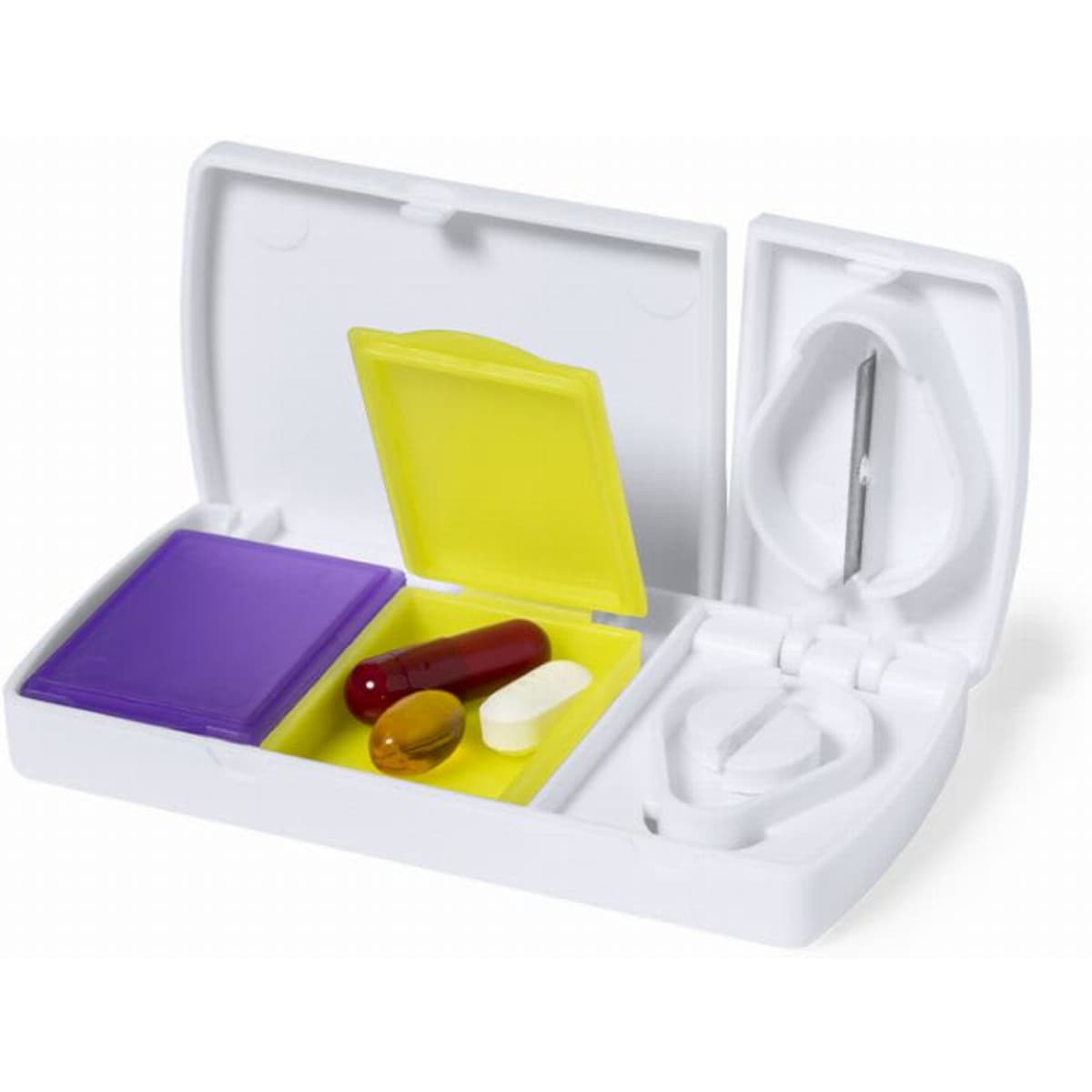 A pill organiser in white, featuring a purple and yellow compartment with various capsules inside.