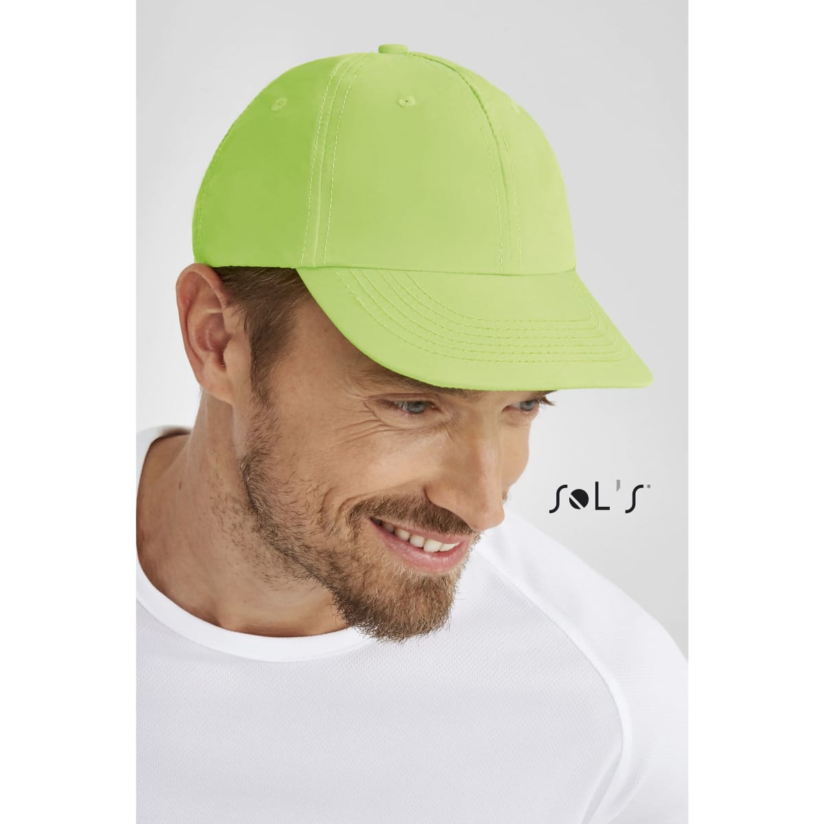 A neon green six-panel cap made from 100% polyester microfibre, featuring a logo.