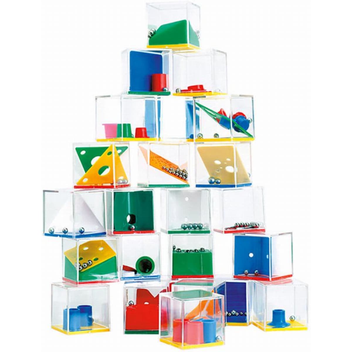 A collection of clear boxes filled with various geometric shapes and magnets, arranged in a pyramid formation.