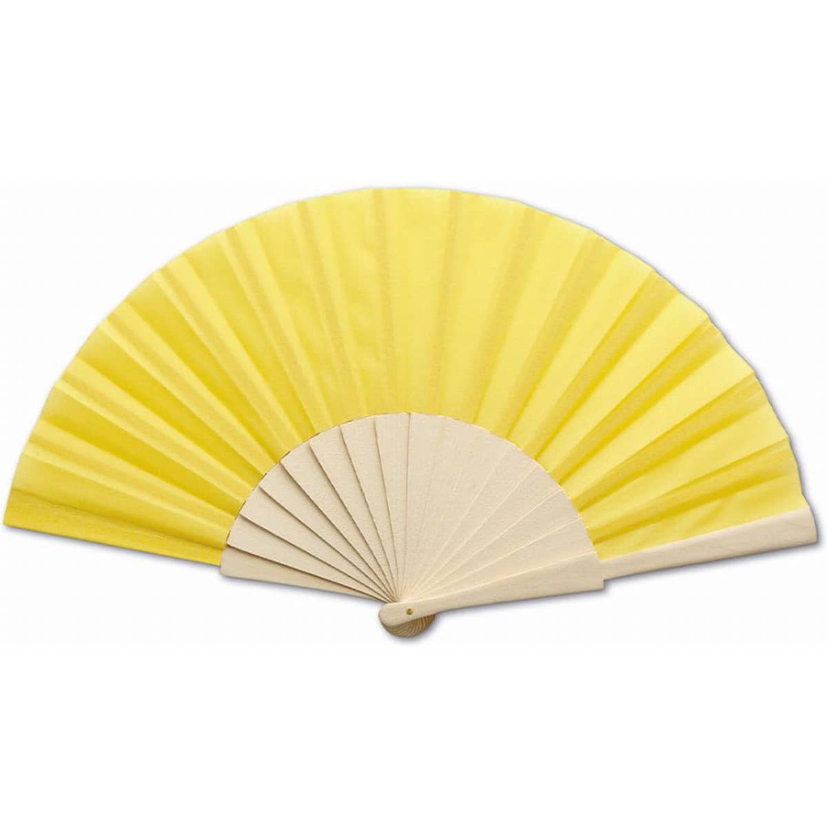 A yellow folding fan with a wooden handle and pleated fabric.
