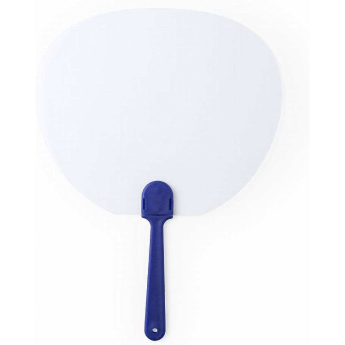 A blue-handled paddle fan with a large, transparent, rounded plastic surface. Features a simple design.