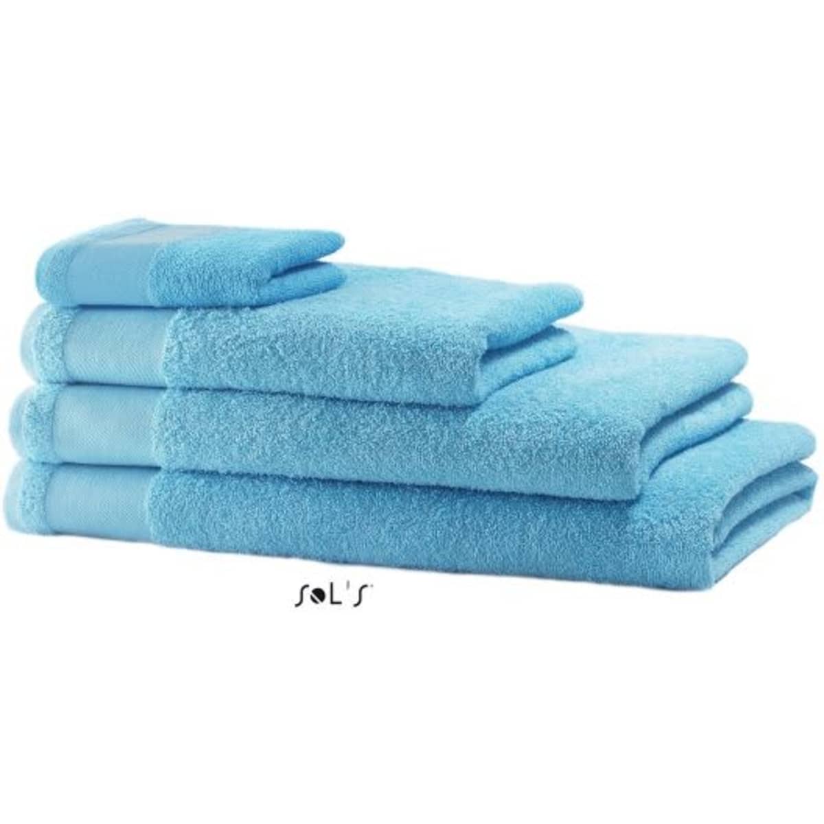 A stack of light blue hand towels made of 400gsm cotton, measuring 50cm x 100cm, featuring a logo.