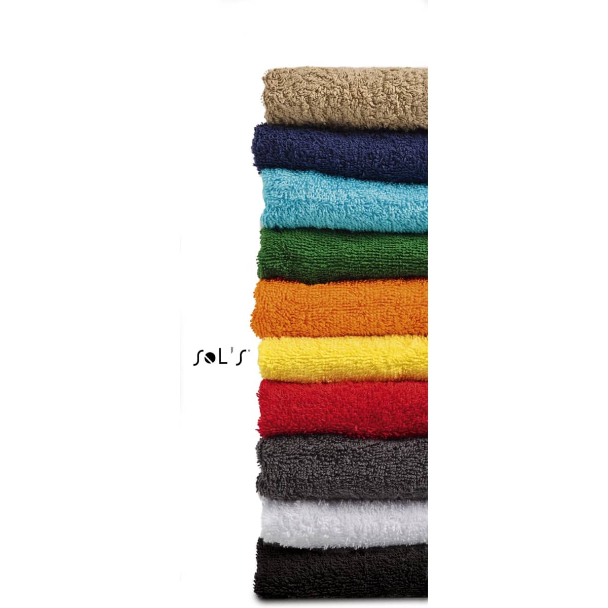 A stack of nine bath towels in various colours, including green, blue, orange, yellow, red, grey, brown, and white, with a logo.