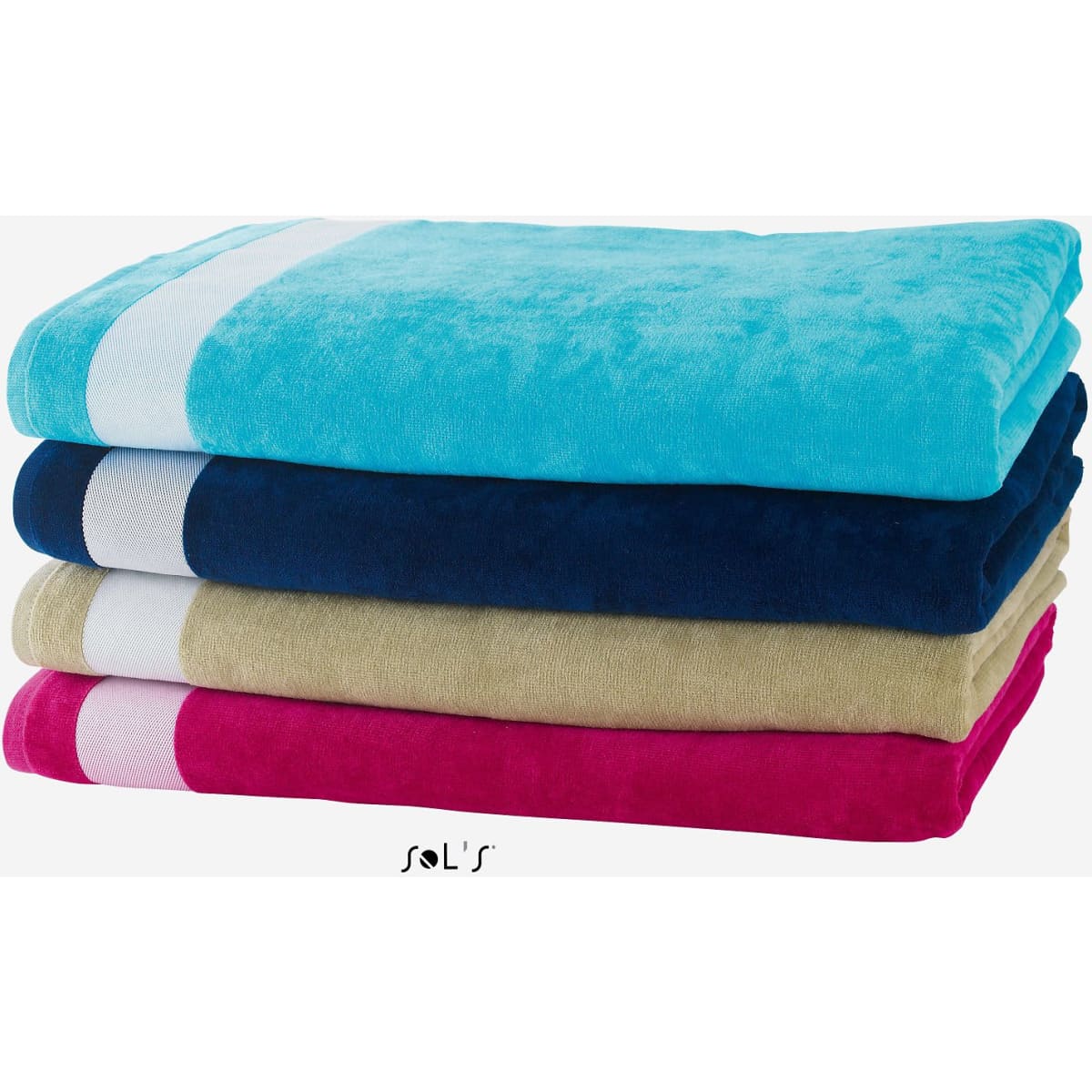 A stack of four velvet cotton beach towels in turquoise, navy, beige, and pink, featuring a white stripe and a logo.