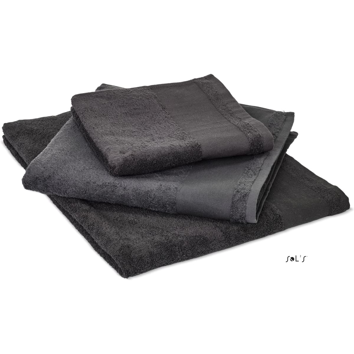 A set of heavy weight cotton hand towels in varying shades of grey, featuring a textured design and a logo.