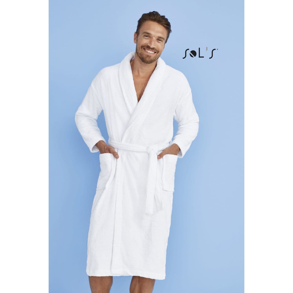 A white unisex bath robe with a belt and pockets, displayed against a blue background. It features a logo.