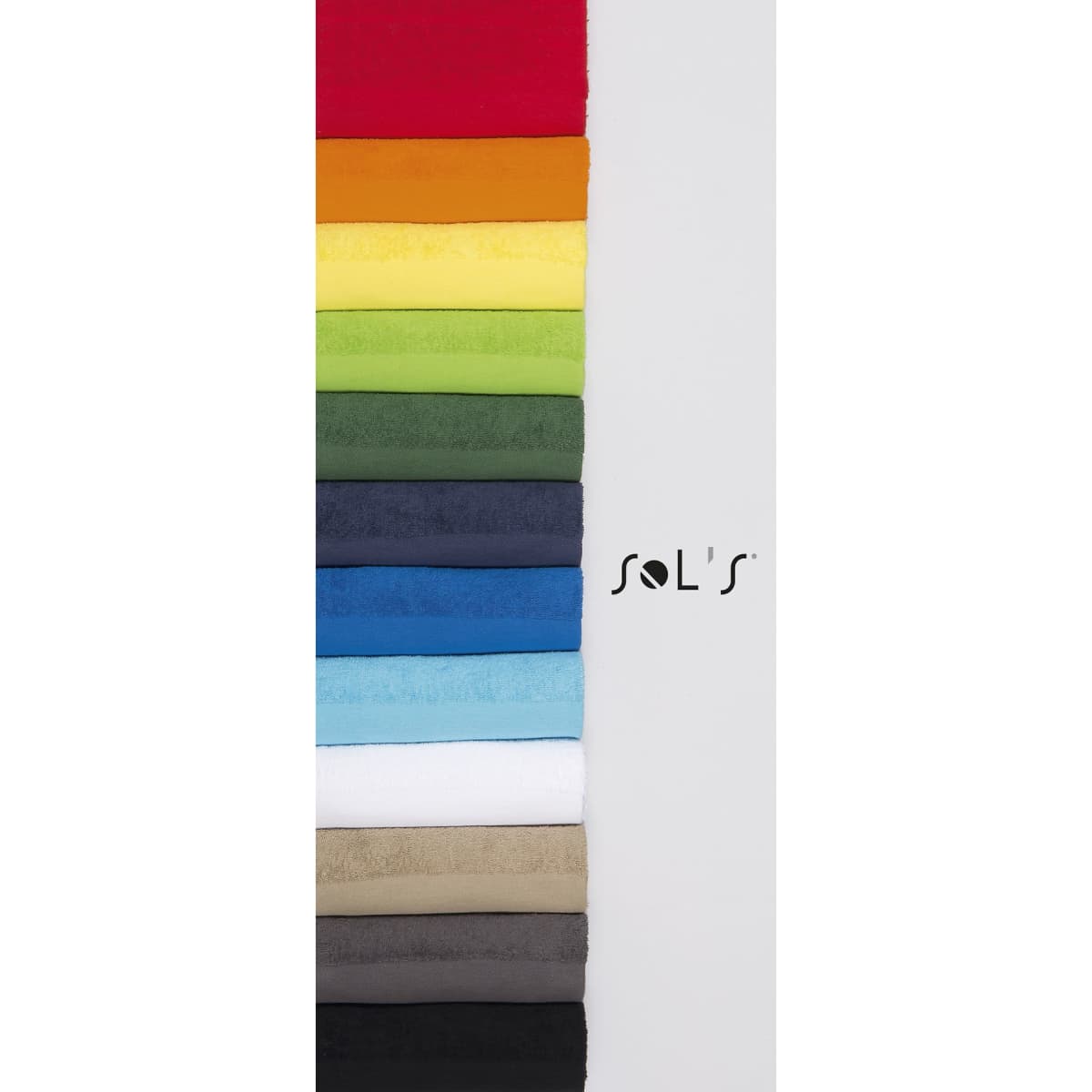 A collection of hand towels in various colours stacked vertically, featuring a logo on the side.